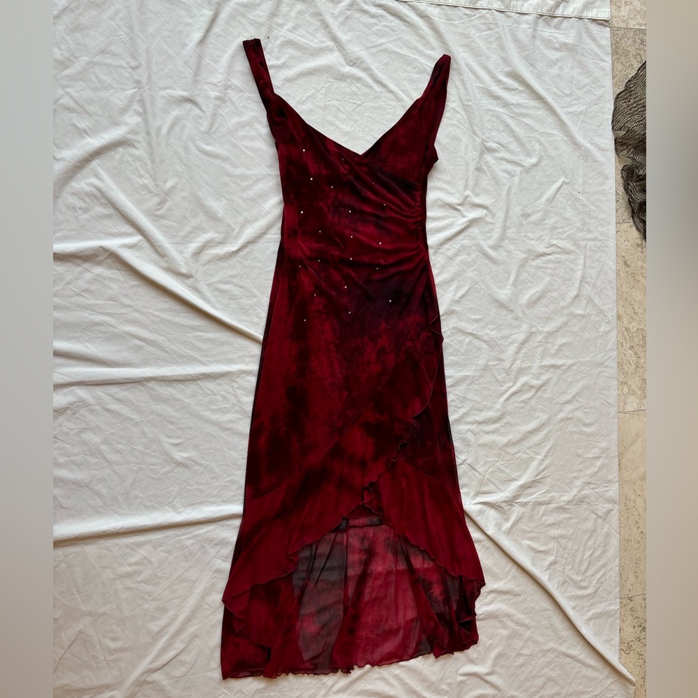 red bead sequin rhinestone tye dye cinch ruffle asymmetrical fairy maxi dress